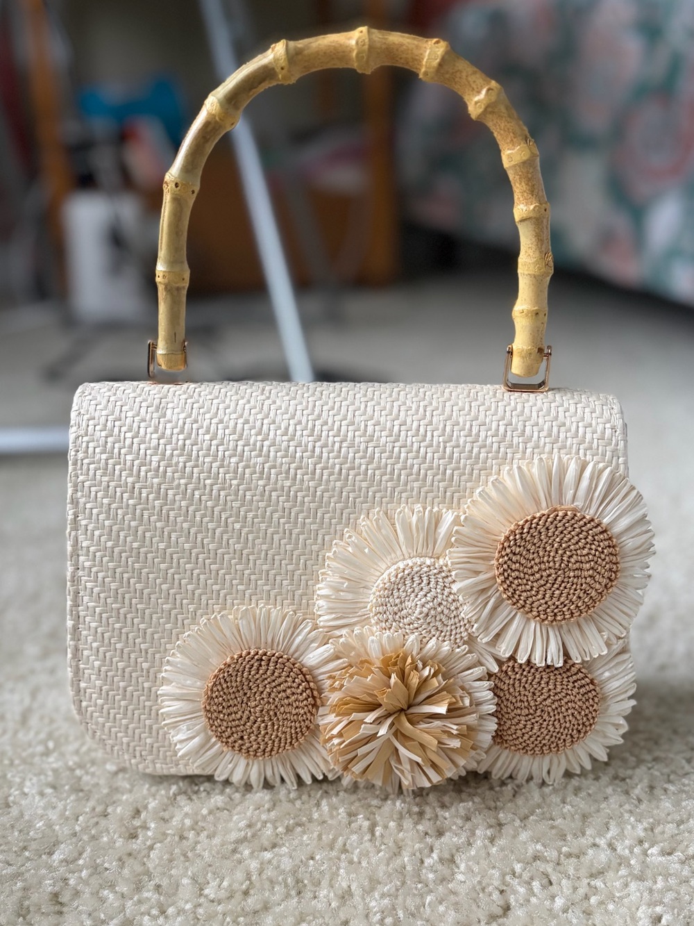 Cream Floral Raffia Top-Handle Bag with Bamboo Handle, Firm Price!